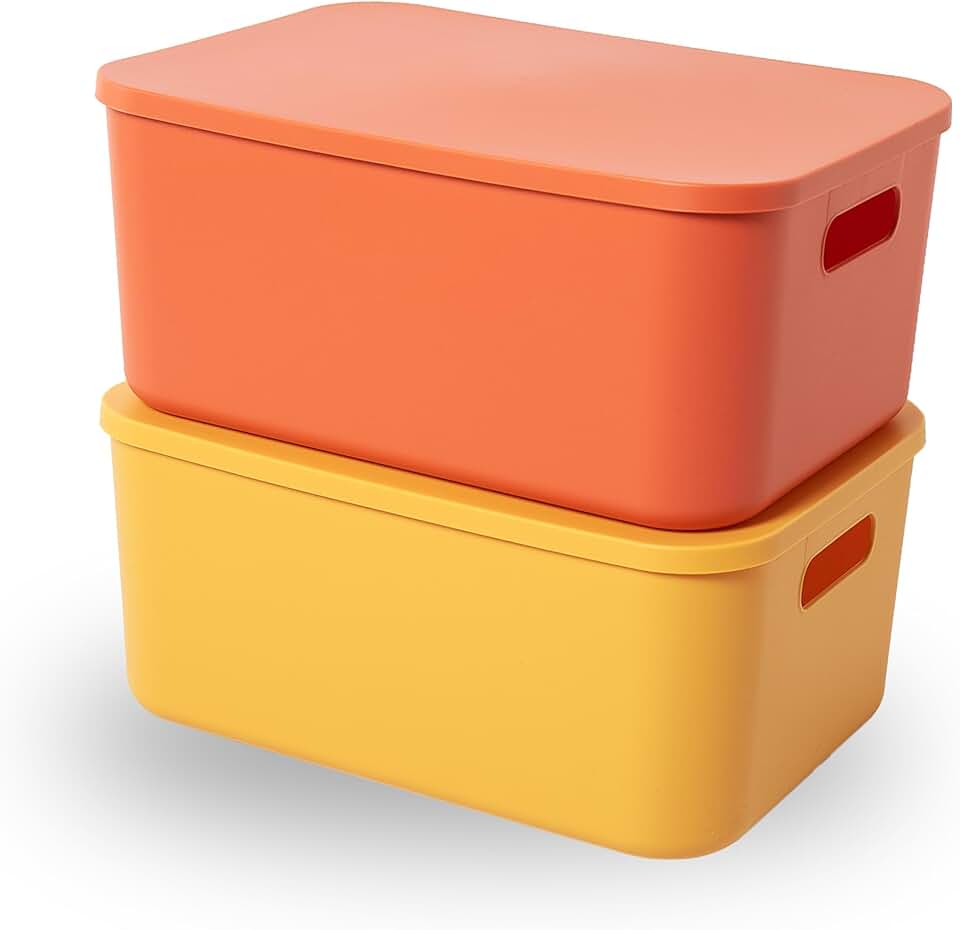 Medium Stackable Plastic Storage Bins with Lids (Yellow and Orange)