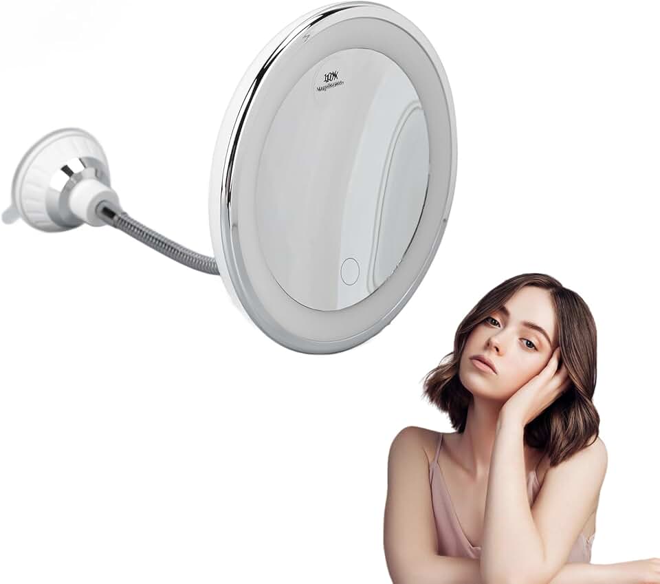 Round LED Wall Mirror with 10x Magnification and Adjustable Lights