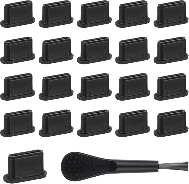 20 Black Silicone USB C Dust Plugs with Cleaning Brush