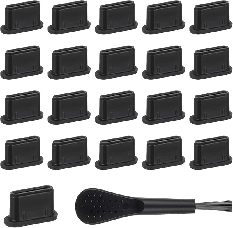 20 Black Silicone USB C Dust Plugs with Cleaning Brush