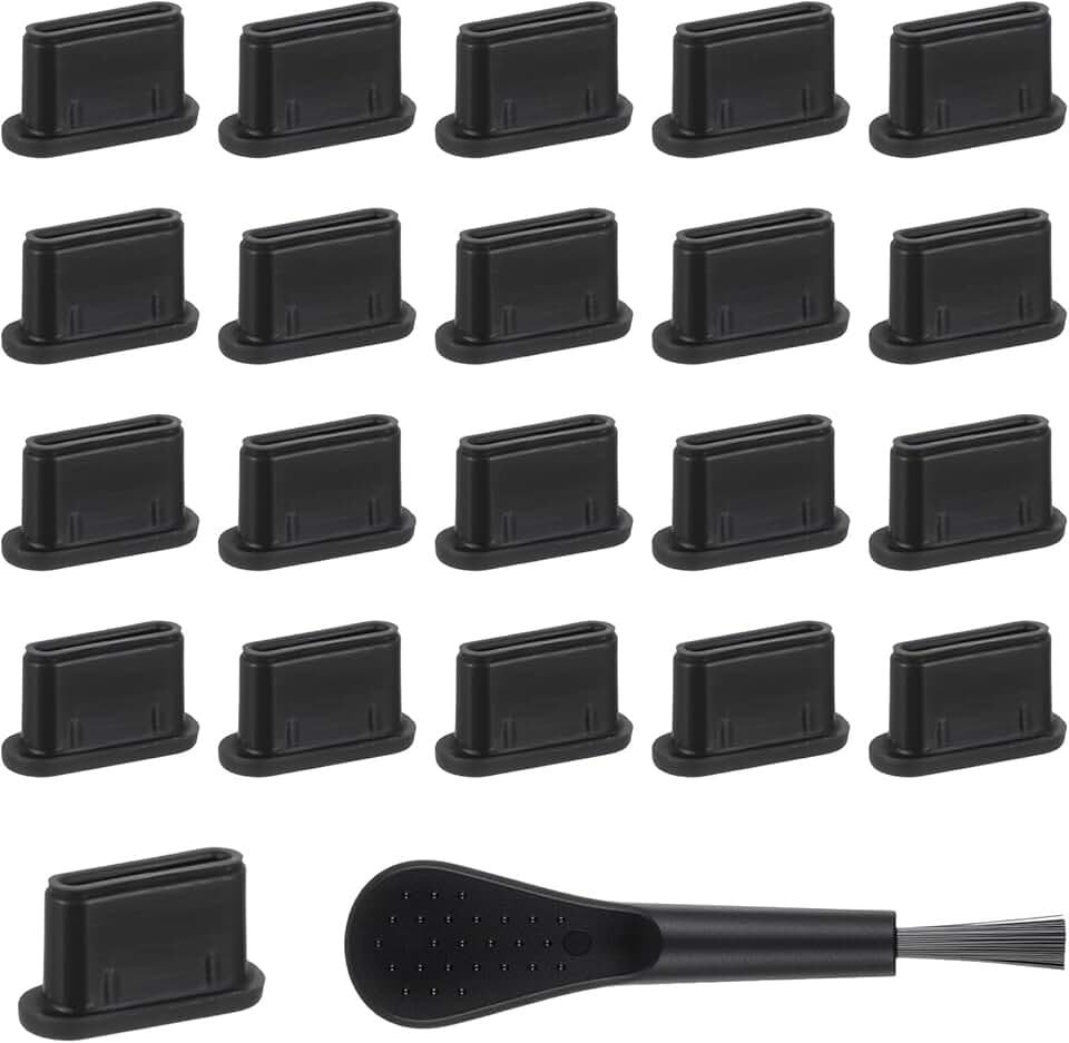 20 Black Silicone USB C Dust Plugs with Cleaning Brush
