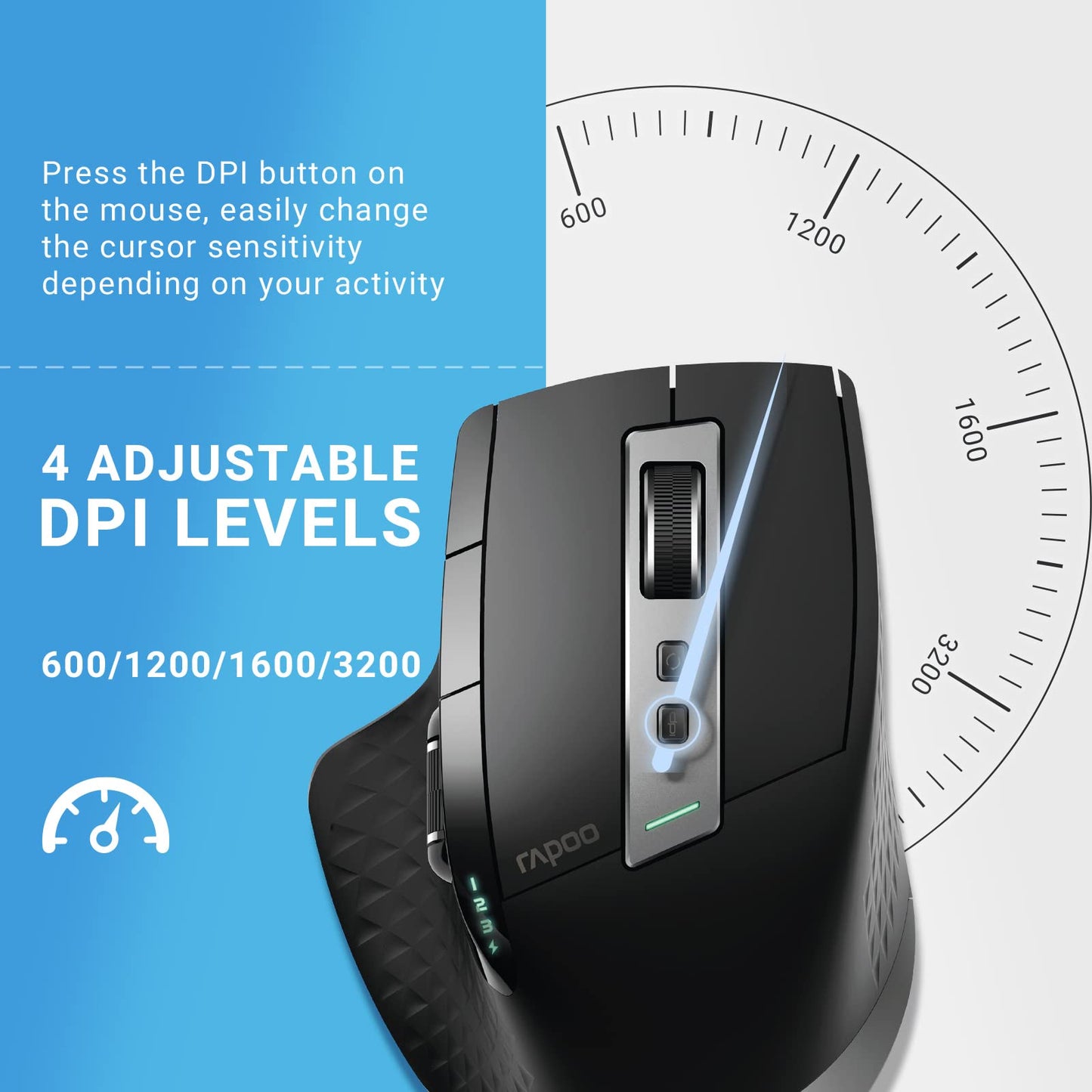 Bluetooth Wireless Mouse, 4 Adjustable DPI Rechargeable Bluetooth Mouse, Multi-Device (3 Bluetooth+USB) Programmable Ergonomic Mouse with Side Roller, Laser Mouse for Laptop Desktop PC, Black