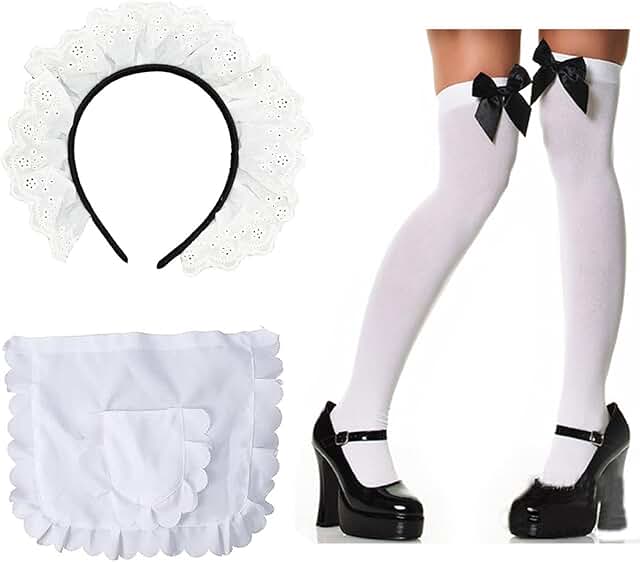 Women's French Maid Headband and Apron with Stockings