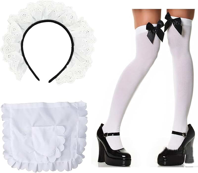 Women's French Maid Headband and Apron with Stockings