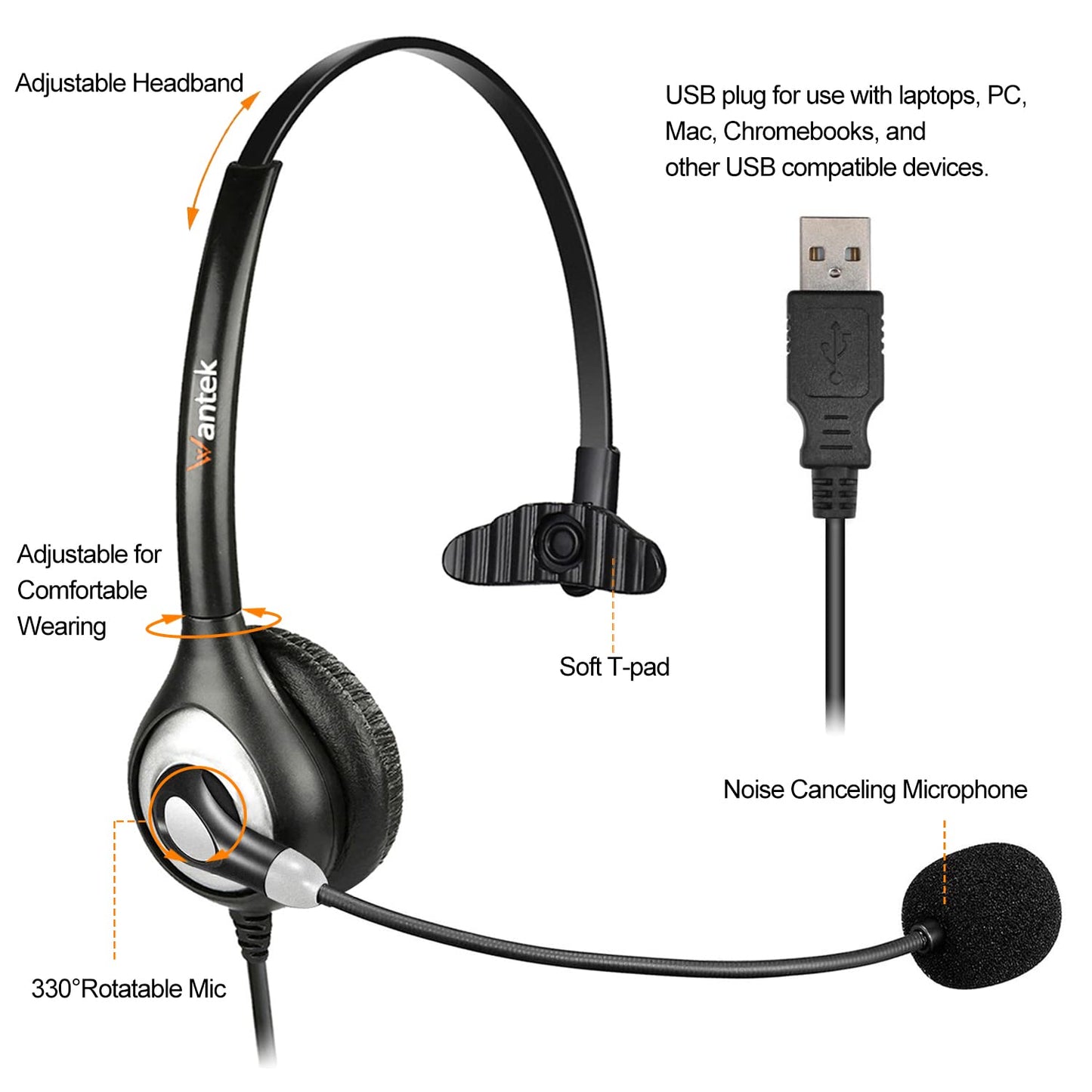 Corded USB Headsets Mono with Noise Cancelling Mic and in-line Controls, UC Business Headset for Skype, SoftPhone, Call Center, Crystal Clear Chat, Super Lightweight, Ultra Comfort (UC600)