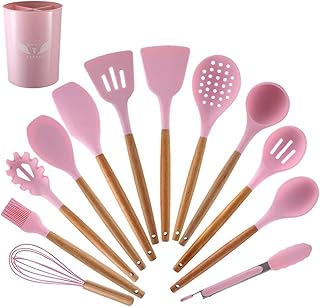 Set of 12 pink silicone kitchen utensils