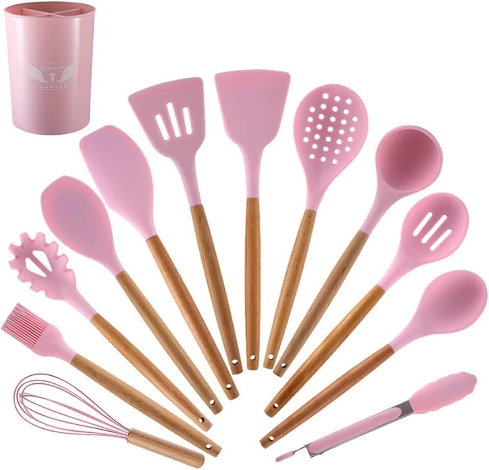 Set of 12 pink silicone kitchen utensils