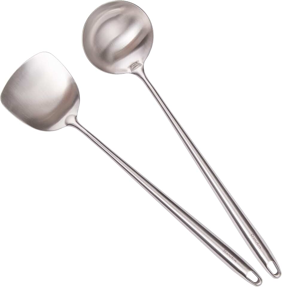 17-inch stainless steel wok spatula and ladle set