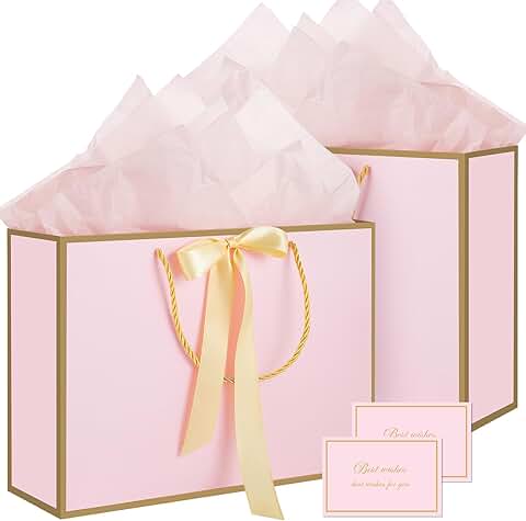 Pink Gift Bags with Handles, Tissue Paper, and Cards