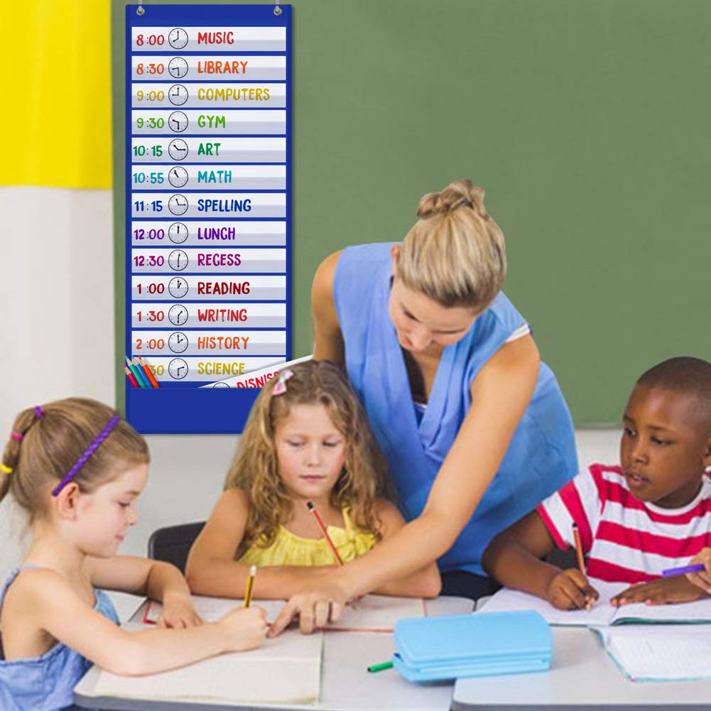 Classroom Daily Schedule Pocket Chart with 18 Dry-Erase Cards