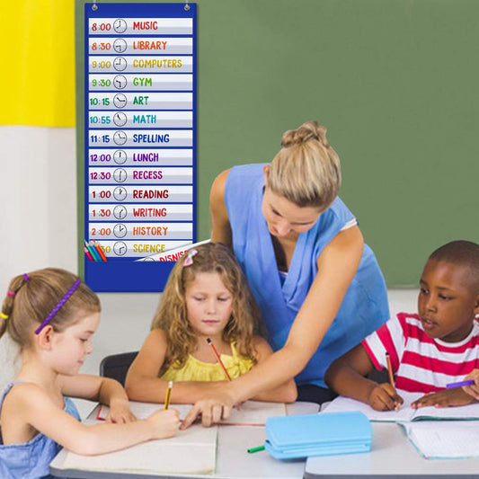 Classroom Daily Schedule Pocket Chart with 18 Dry-Erase Cards