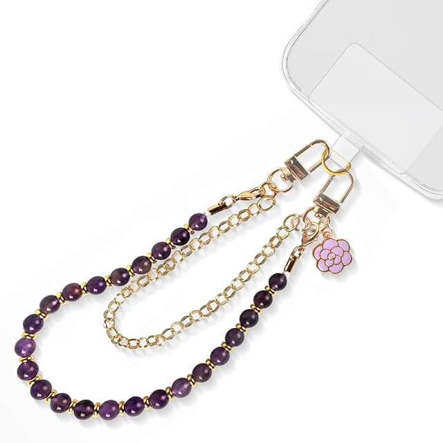 Purple marble beaded leather wrist strap with chain