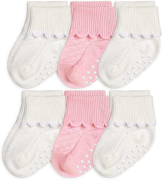 Six Baby Girls' Non-Skid Scalloped Turn Cuff Socks