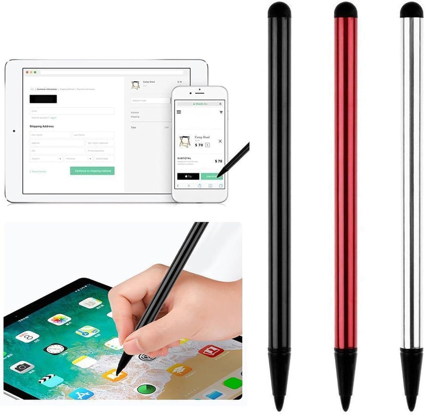Set of three stylus pens for all touchscreen tablets