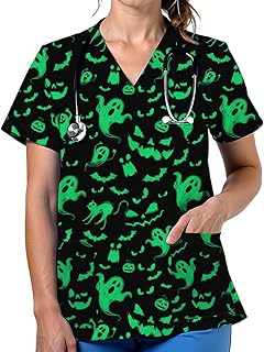Women's V-Neck Printed Scrub Top with Pockets