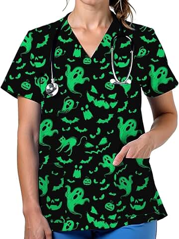 Women's V-Neck Printed Scrub Top with Pockets