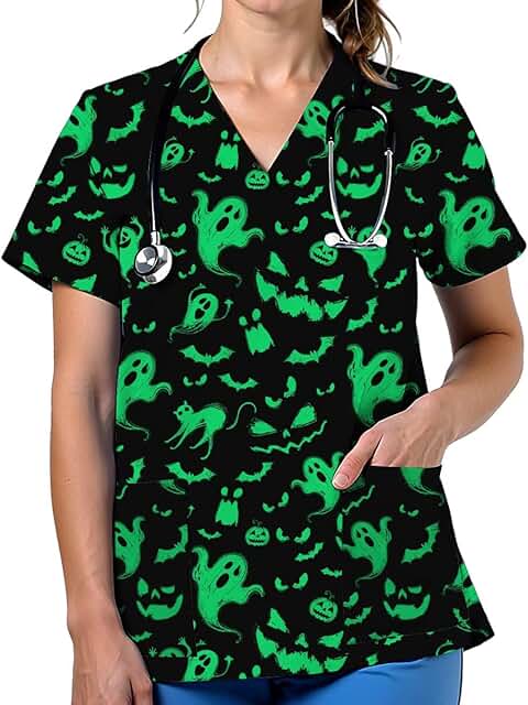 Women's V-Neck Printed Scrub Top with Pockets
