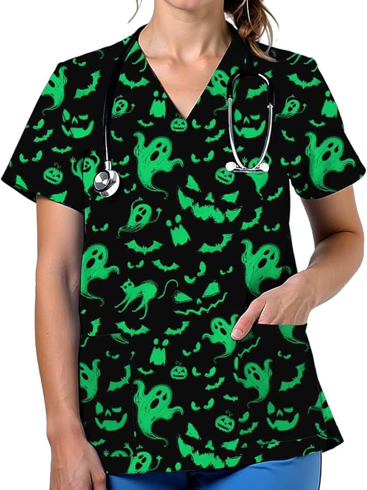 Women's V-Neck Printed Scrub Top with Pockets