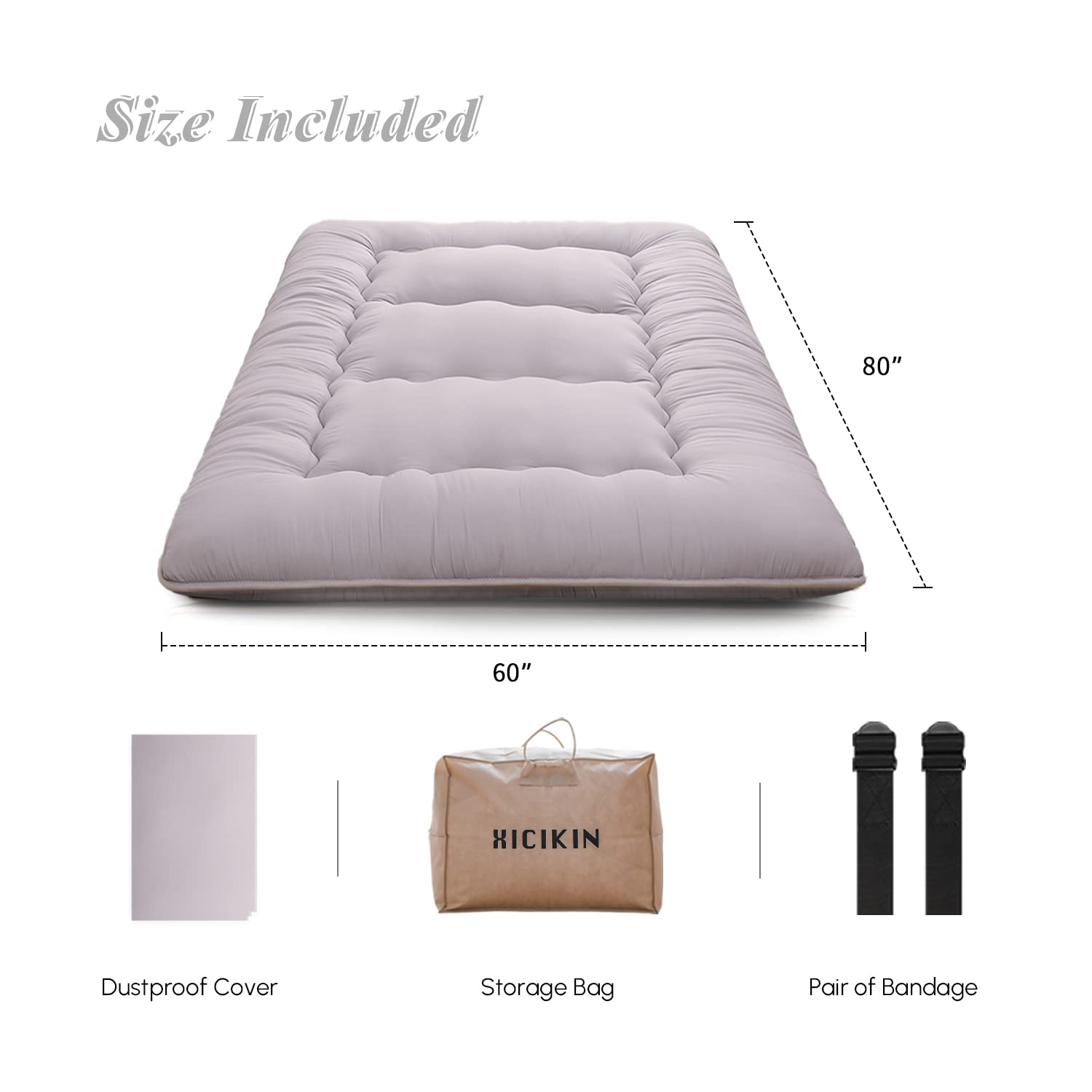 Floor Mattress, Futon Mattress Foldable Mattress, Roll Up Mattress Tatami Mat with Washable Cover, Easy to Store and Portable for Camping, Grey, Twin Full Queen
