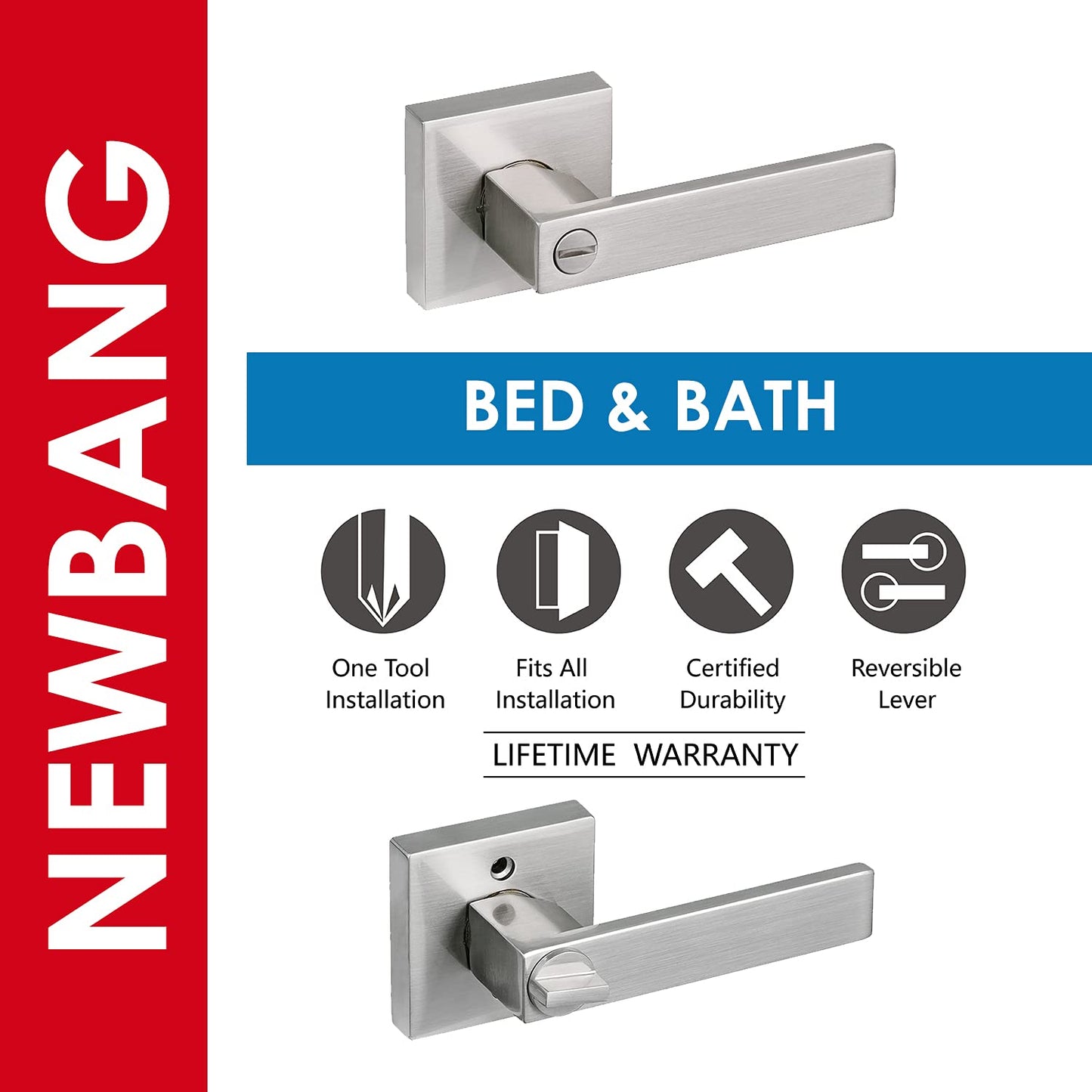 NEWBNAG Bed Bath Room Door Lever for Privacy Bathroom and In or Door Heavy Duty Door Lock Handle Nickel Finish