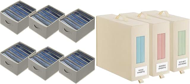 Set of 6 Grey Wardrobe and 3 Beige Bed Sheet Organizers