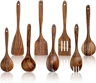 Set of 8 Natural Teak Wooden Cooking Spoons