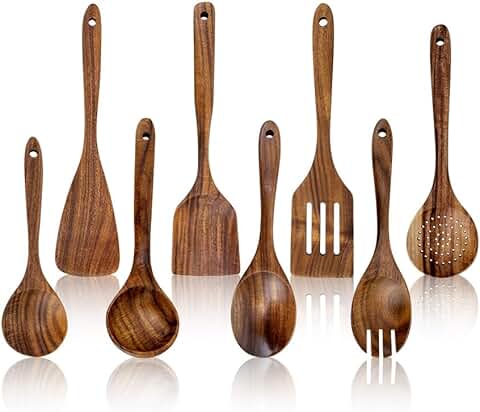Set of 8 Natural Teak Wooden Cooking Spoons