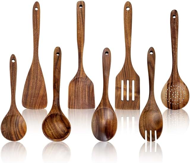 Set of 8 Natural Teak Wooden Cooking Spoons