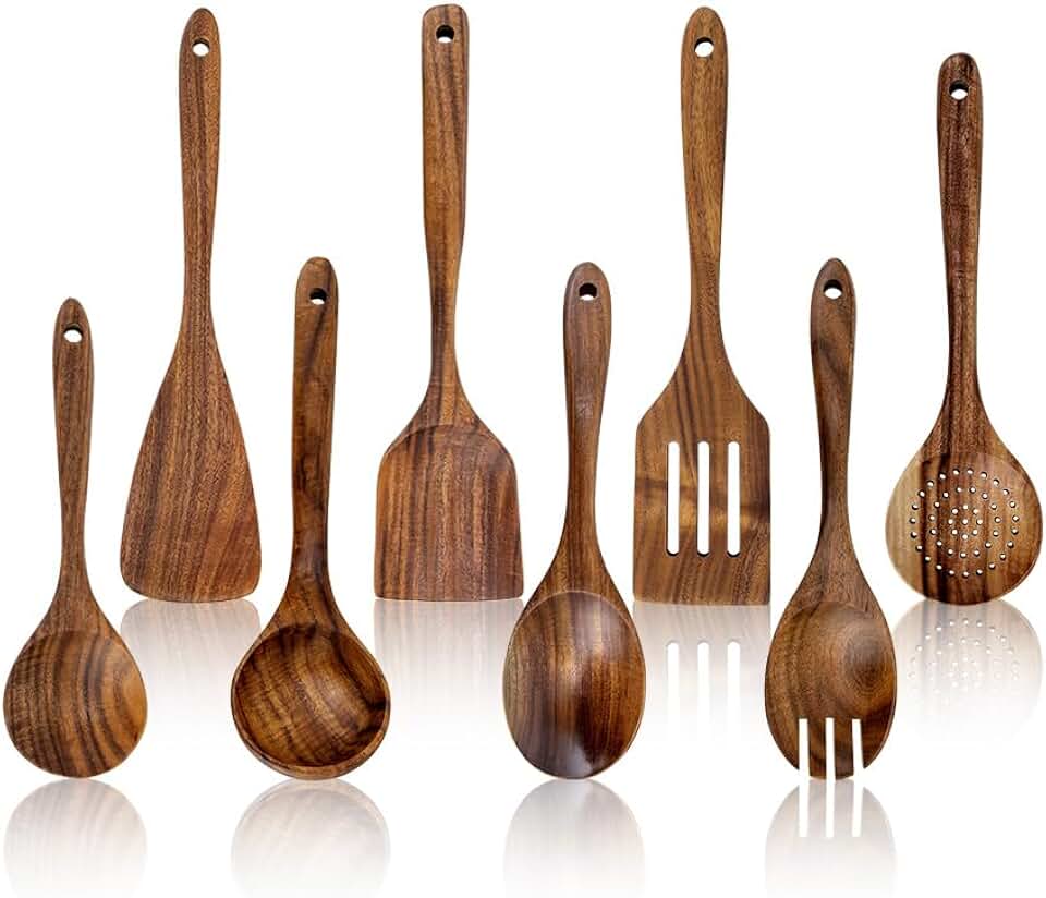 Set of 8 Natural Teak Wooden Cooking Spoons