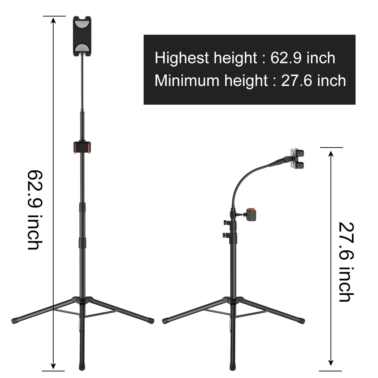 Ipad Tripod Stand,Gooseneck 63-inch Floor Stand for Tablet, iPad Floor Stand with 360 Rotating iPad Tripod Mount for iPhone iPad Mini, iPad Air, iPad Pro and All 4.7 -11.9 Inch Tablet and Phone