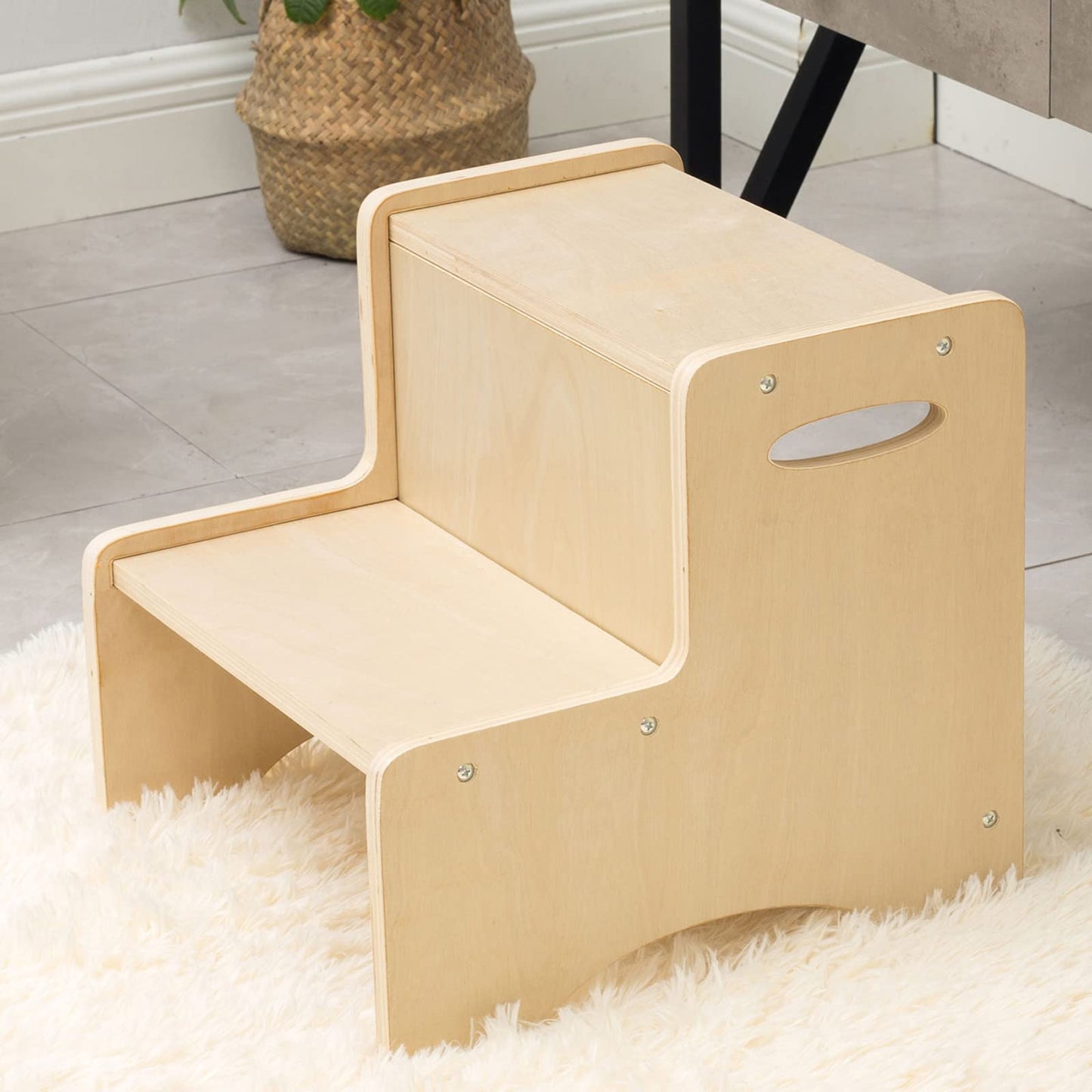 Wooden Toddler Step Stool for Kids, Bathroom Potty Stool  Kitchen Stool, Natural Two Step Stool for Bedroom, Children's Stool with Handles and Safety Non- Pads
