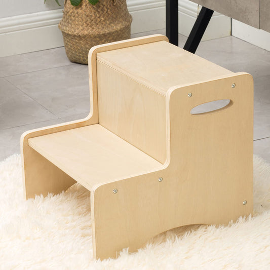 Wooden Toddler Step Stool for Kids, Bathroom Potty Stool  Kitchen Stool, Natural Two Step Stool for Bedroom, Children's Stool with Handles and Safety Non- Pads