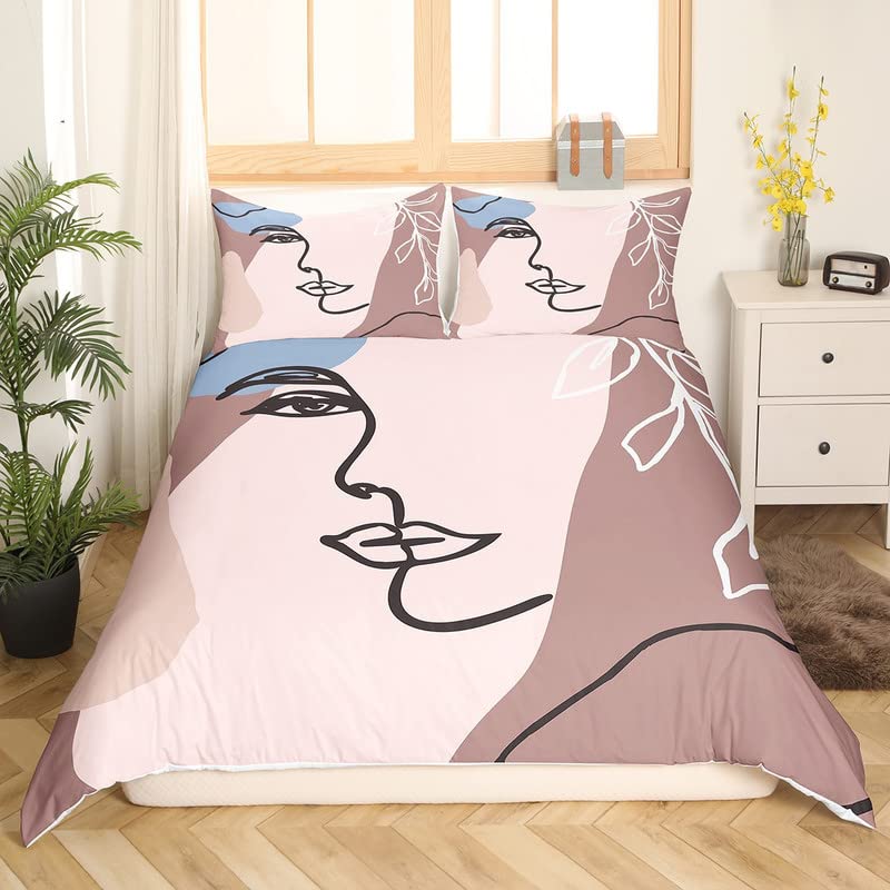 Abstract Woman Comforter Cover,Modern Boho Mid Century Duvet Cover Queen,Minimalist Art Aesthetic Quilt Cover Kids Boys Girl 3pcs Terracotta Geometric Face Bedding Set Bedroom Decor,Coffee Black Beige