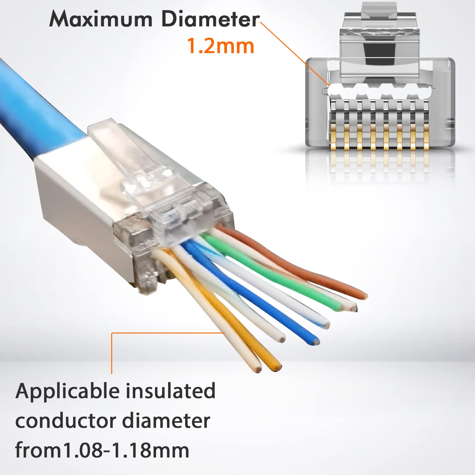 Shielded RJ45 Cat6 Cat 6A Connectors - Pass Through Connector Gold Plated 3 Prong 8P8C Modular Plugs for FTP/STP Stranded Ethernet Cable & Solid Wire(50 Pcs/Jar,23AWG)