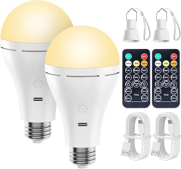 Rechargeable LED Light Bulb with Remote and Timer, 2 Pack
