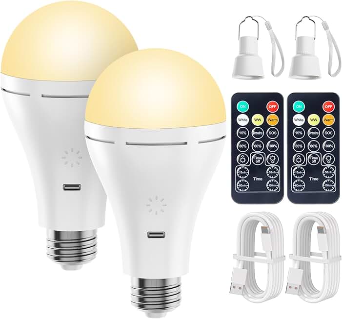 Rechargeable LED Light Bulb with Remote and Timer, 2 Pack