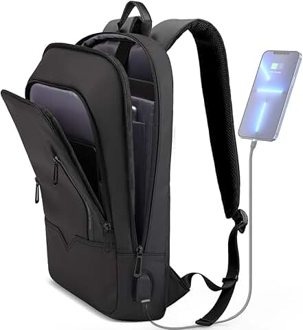 Slim black backpack with USB charger and water resistance