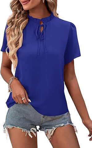 Women's Elegant Frill Mock Neck Ruffle Short Sleeve Blouse