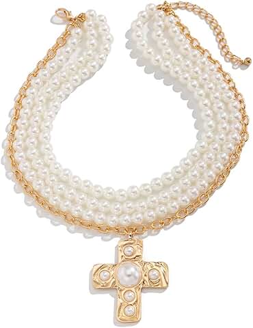 Women's Handmade Beaded Cross Layered Necklace