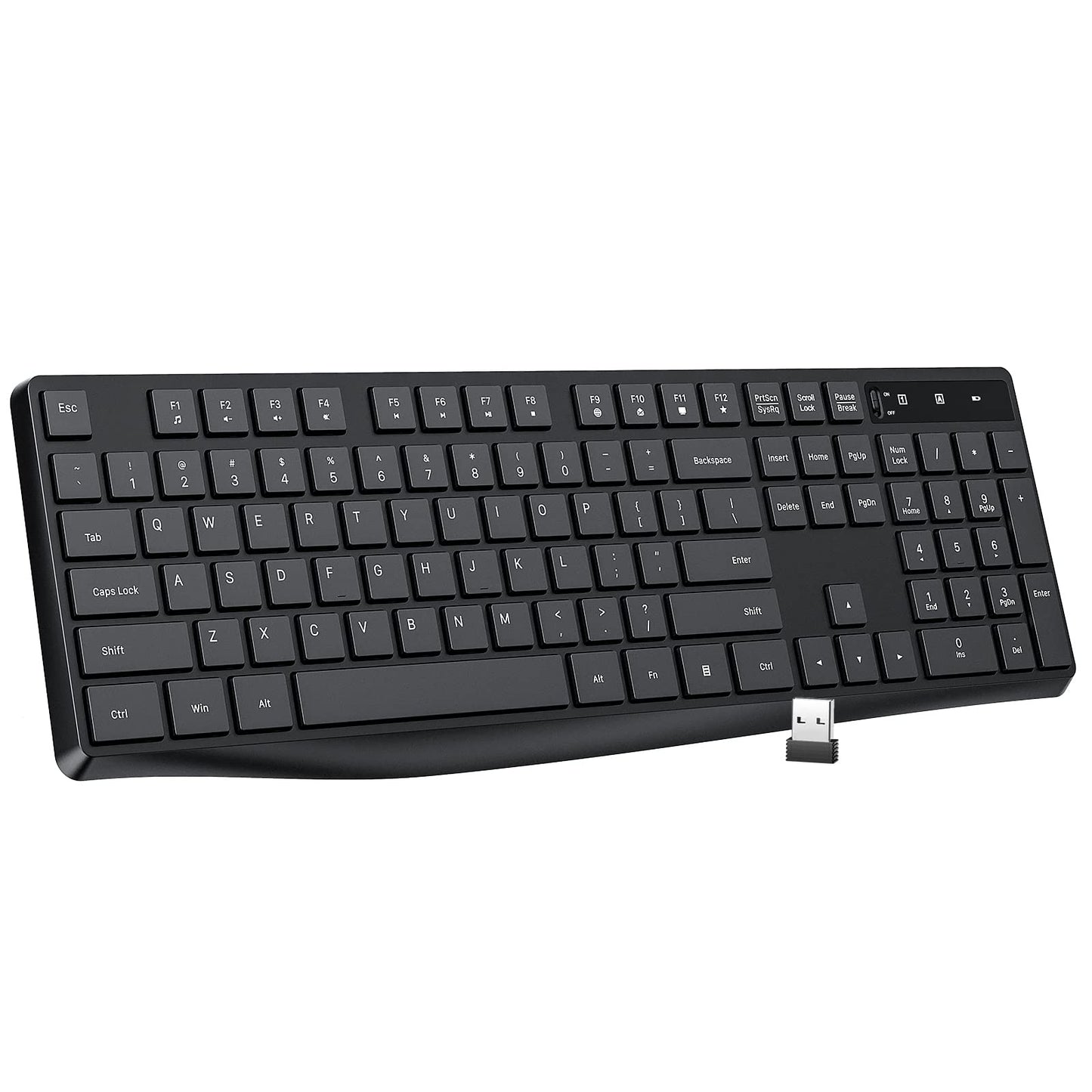 MK98 Wireless Keyboard, 2.4G Ergonomic Wireless Computer Keyboard, Enlarged Indicator Light, Full Size PC Keyboard with Numeric Keypad for Laptop, Desktop, Surface, Chromebook, Notebook, Black