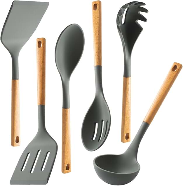 6-Piece Grey Kitchen Utensil Set with Wooden Handles