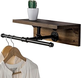 Wall Mounted Garment Rack with Rustic Wood Shelf and Metal Pipe Storage