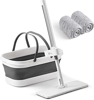 Flat Mop with Collapsible Bucket and Microfiber Pads
