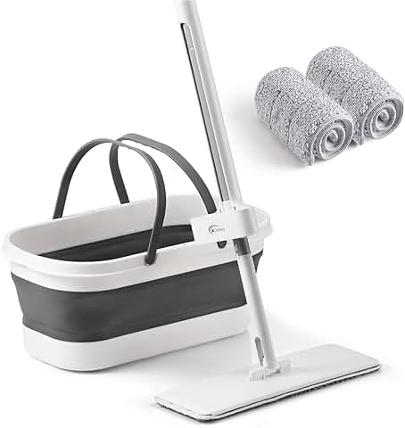 Flat Mop with Collapsible Bucket and Microfiber Pads