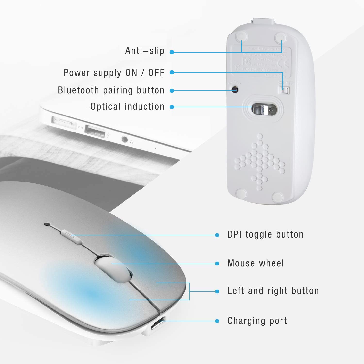 Bluetooth Mouse for Laptop/iPad/iPhone/Mac(iOS 13.1.2 and Above)/Android PC,Wireless Mouse Slim USB Rechargable Quiet Mice Compatible with Windows/Linux/Notebook/Mac/MacBook Air,Silver