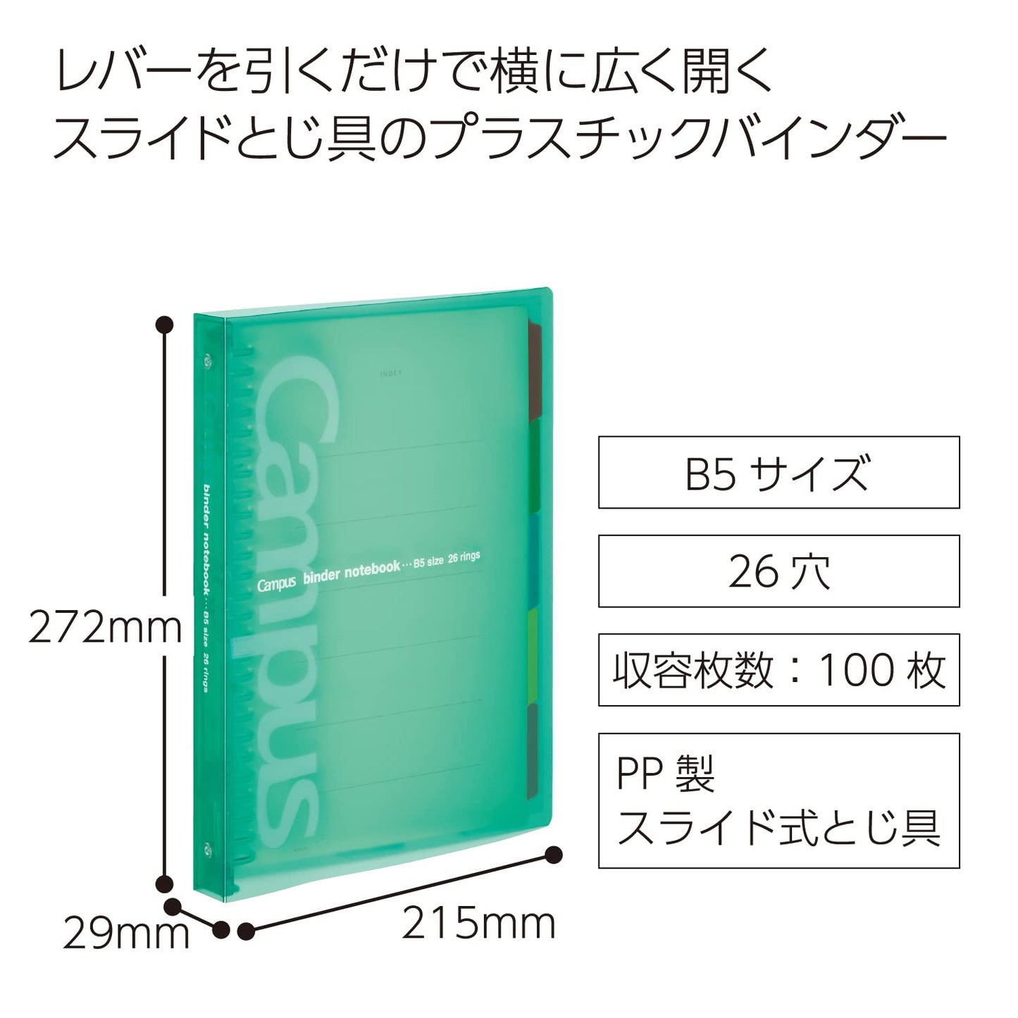 Slide binder with 5 tab dividers, B5, green
