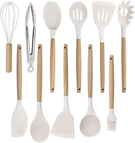 Silicone Kitchen Utensil Set with Wooden Handles