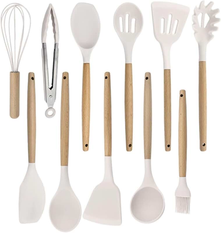 Silicone Kitchen Utensil Set with Wooden Handles