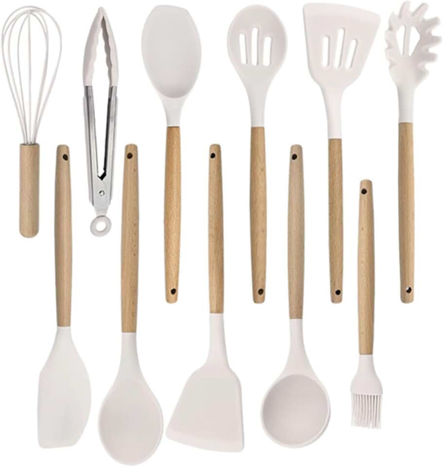 Silicone Kitchen Utensil Set with Wooden Handles