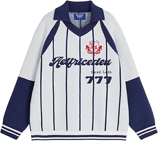 Vintage stripe polo sweater with color blocking and graphic design